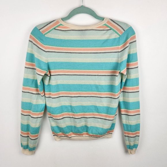 Theory 100% Cashmere Colorful Striped V-Neck Sweater sz M Flawed - Picture 2 of 8